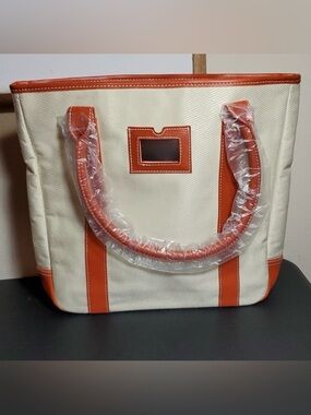 Estee Lauder Orange Leather Trim Cream Shoulder Bag Tote Purse with Pouch